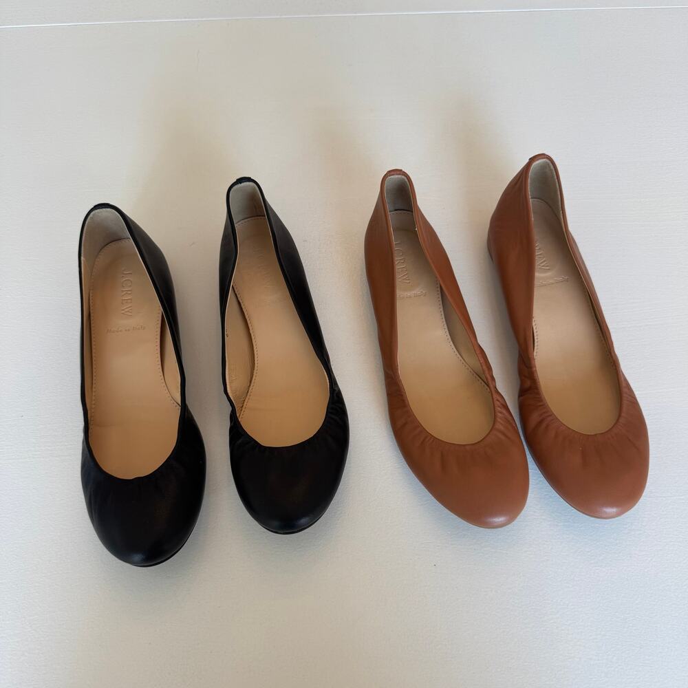 Set of 2 J. Crew Made In Italy 100% Leather Ballet Flats Black Brown Size 7 EUC
